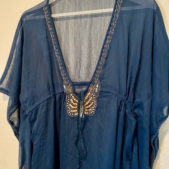Navy Blue Sheer Beaded Swim Cover Up One Size Drawstring Kaftan - Picture 3 of 4